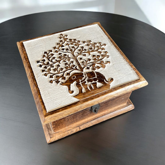 7"x7" Elephant Carved Wooden Box