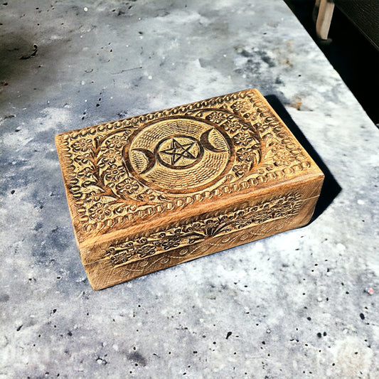 5"x8" Carved Wooden Box Triple Moon