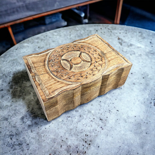 6"x9" Carved Wooden Box Triple Moon